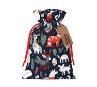 ABYchdd Scandinavian Animals Print Christmas Drawstring Present Bag, Polyester Linen-Like Bag, Reusable Holiday Goodie Bag