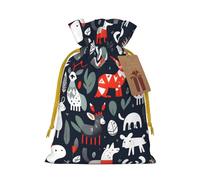 ABYchdd Scandinavian Animals Print Christmas Drawstring Present Bag, Polyester Linen-Like Bag, Reusable Holiday Goodie Bag
