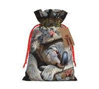 ABYchdd Sleeping Koala Cap Print Christmas Drawstring Present Bag, Polyester Linen-Like Bag, Reusable Holiday Goodie Bag
