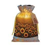 ABYchdd Sunflower Field Sunset Sea Of Flowers Print Christmas Drawstring Present Bag, Polyester Linen-Like Bag, Reusable Holiday Goodie Bag