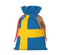 ABYchdd Swedish Flag Print Christmas Drawstring Present Bag, Polyester Linen-Like Bag, Reusable Holiday Goodie Bag