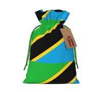 ABYchdd Tanzania Flag Print Christmas Drawstring Present Bag, Polyester Linen-Like Bag, Reusable Holiday Goodie Bag