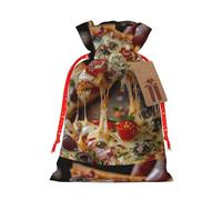 ABYchdd Tasty Pizza Print Christmas Drawstring Present Bag, Polyester Linen-Like Bag, Reusable Holiday Goodie Bag