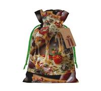 ABYchdd Tasty Pizza Print Christmas Drawstring Present Bag, Polyester Linen-Like Bag, Reusable Holiday Goodie Bag