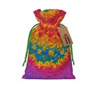 ABYchdd Tie Dye Hippies Print Christmas Drawstring Present Bag, Polyester Linen-Like Bag, Reusable Holiday Goodie Bag