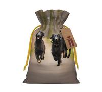 ABYchdd Trotting Flat Coated Retrievers Paw Print Christmas Drawstring Present Bag, Polyester Linen-Like Bag, Reusable Holiday Goodie Bag