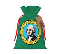 ABYchdd Washington Flag Print Christmas Drawstring Present Bag, Polyester Linen-Like Bag, Reusable Holiday Goodie Bag