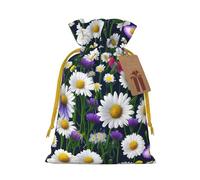 ABYchdd Wild Flowers And Cornflowers Daisies Print Christmas Drawstring Present Bag, Polyester Linen-Like Bag, Reusable Holiday Goodie Bag