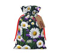 ABYchdd Wild Flowers And Cornflowers Daisies Print Christmas Drawstring Present Bag, Polyester Linen-Like Bag, Reusable Holiday Goodie Bag