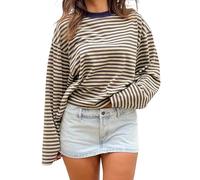 ABYOVRT Women Striped Long Sleeve Shirt Crewneck Cropped Pullover Top Fall Winter Vintage Sweatshirt Streetwear, Yellow, XL