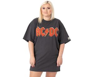AC/DC Womens T-Shirt Dress | Charcoal Grey with Classic Band Logo Oversized Graphic Tee for Ladies | Fly On The Wall 1985 Tour Merchandise | Pop Rock Concert Gig Top | Festival Gift for Adults