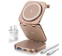 AC Island 5 in 1 Wireless Charging Station, Foldable Mag-Safe Charger Stand, Travel Wireless Charger for iPhone 16/15/14/13/12 Series, Apple Watch S10-1/Ultra, for Airpods 4/3/2/Pro (Desert Titanium)