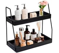 Acacia Bathroom Organizer Countertop 13.6 x 14 x 6.7 inches, 2-Tier Wood Counter Standing Rack, Countertop Storage Shelf for Organizing Bathroom Kitchen Office Desk Vanity Cosmetic Balcony (Black)