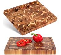 Acacia End Grain Cutting Board (17x13x1.5in), Butcher Block - Reversible Multipurpose Kitchen Chopping Board with Juice Groove, Cracker Holder & Inner Handles