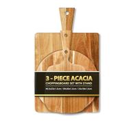 Acacia Round Cheese Board Set 3 Pack with Handles, Wooden Serving Board for Kitchen - Round, Rectangular, and Small Paddle Serving Trays for Cheese, Meat, Pizza, Bread, and Fruits