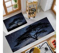 Acacia Tree Silhouette Kitchen Rugs Sets Non Slip Washable Kitchen Mats Anti Fatigue Comfort Night Sky Floor Mats for Laundry, Hallways, Sink 43x75cm+43x150cm Black