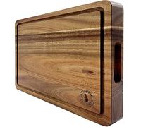 Acacia Wood 16 x 12 x 1.5inch Thick (40.5 x 30.5 x 4cm) Extra-Large Chopping Board Juice Groove Hand Grips Snack Holder Dark Edge Grain Wooden Butcher Block Cheese Plate Server Deluxe Birthday Gift