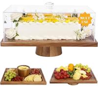 Acacia Wood Cake Stand with Lid - 17" Rectangular 2-in-1 Serving Board & Dessert Display, Shatterproof Acrylic Cake Dome Cover(5.1" high), Charcuterie Platter for Cheese, Fruit, Appetizers (43x33 cm)