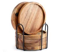 Acacia Wood Coasters for Drinks with Lip, WLWNWFT Round Drink Coasters with Holder for Coffee Table Dining Table Wooden Table Coasters for Farmhouse Desk, Set of 6