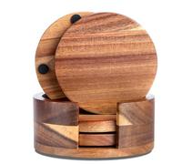 Acacia Wood Coasters Set of 4 with Wooden Holder, Wooden Coasters for Glasses Drinkings Coffee Table Desk Round with Non-Slip Pad Cup Coasters for Home Office Christmas Decor 4 Inch