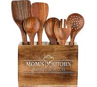 Acacia Wood Cooking Utensils Set with Holder by The Vernissage Kitchen Utensils for Cooking, Natural Wooden Kitchen Utensil Set with Spatula and Kitchen Utensil Holder Caddy for Countertop
