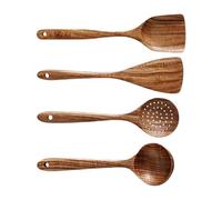 Acacia Wood Kitchen Utensil Set - 4 Teak Serving Spoons, Premium Hand-Carved Nonstick Scrapers, Heat Resistant, Lightweight Stirring Tools