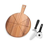 Acacia Wood Pizza Board, 12 inch Pizza Board Set with Pizza Cutter and Pizza Spatula, Round Pizza Serving Board with Handle, Pizza Cutting Board for Bread, Vegetables, Camping, RV