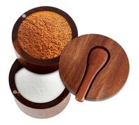 Acacia Wood Salt Box 2 Layers Salt and Pepper Container Dust Proof Portable Spice Box with Magnetic Swivel Lid and Spoon for Keeping Salts Spices Peppers Coffee(Double Layer)