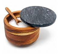 Acacia Wood Salt Cellar with Lid in Marble and Built-In Spoon 10oz Salt Pig | Stylish Sealed Pot with Rubber Feet, Seasoning Bowl Box, Container for Pepper, Spices, Herbs - UK Brand