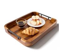 Acacia Wood Serving Tray - 17” x 13” Rectangular Wooden Serving Tray with Handles, Ottoman Tray for Living Room - Serving Platter, Ottoman Table - Coffee Table Decor Acacia Wood Tray - Round Corner