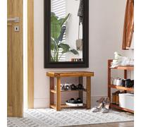 HOMCOM 3 Tier Shoe Rack Bench Acacia Wood Shoe Storage Organizer Teak Small, Brown