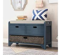 Acacia Wood Storage Bench with Removable Basket & Cushion 2 Drawer Shoe Rack for Living Room & Hallway Fully Assembled Stylish Navy Entryway nizer