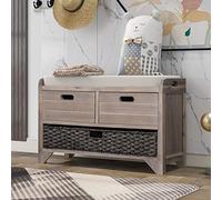 Acacia Wood Storage Bench with Removable Cushion & Baskets 2 Drawer Shoe Rack for Living Room & Hallway Fully Assembled White Washed Entryway Furniture