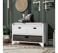 Acacia Wood Storage Bench with Removable Cushion & Baskets 2 Drawers Fully Assembled Shoe Rack for Living Room & Hallway - Stylish Entryway Furniture White