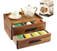 Acacia Wood Tea Bag Organizer, Double-Drawer Tea Box Organiser