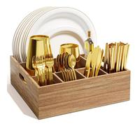 Acacia Wood Utensil Caddy with Built-in Handle for Countertop, Utensil Holder for Party, Silverware Caddy with 6 Compartments for Plate, Cup, Fork, Spoon, Paper Plate Organizer for Kitchen, Camping
