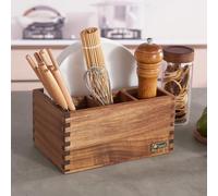 Acacia Wood Utensil Holder, Paper Plate Dispenser Organizer for Countertop - 4 Compartment Silverware Caddy for Friendsgiving Party - Cutlery Holder for Cup, Fork, Spoon, Kitchen, Camping, Buffet