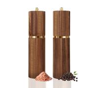 Acacia Wooden Salt and Pepper Grinder Set - Refillable Manual Salt and Pepper Mills with Adjustable Ceramic Core, Gold Stainless Steel Decor Kitchen Home Gift for Birthday Christmas Men Women