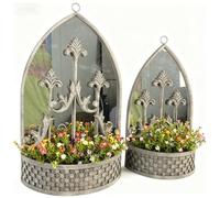AcaciaHome Durable Set of 2 Rusty 62cm & 52cm Metal Wall Mirror Planter Holders with Arched Mirrors and Built-In Plant Pots, Rustic Farmhouse Indoor Outdoor Wall Decor for Patio, Balcony, Hallway