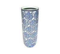 AcaciaHome Stylish Floral Ceramic Umbrella Stand with Glazed Vintage Finish - 18" Tall Decorative Round Holder for Umbrellas, Canes, or Vase Use in Entryway or Living Room (Blue)