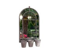 AcaciaHome Vintage Rusty Metal Wall Mirror with Triple Planter 3 Pots Holder - 70cm Arch Design, Indoor/Outdoor Large Garden & Patio Décor for Living & Garden Spaces (1, Round Shape)