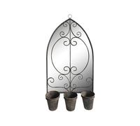 AcaciaHome Vintage Rusty Metal Wall Mirror with Triple Planter 3 Pots Holder - 70cm Arch Design, Indoor/Outdoor Large Garden & Patio Décor for Living & Garden Spaces (1, Floral Framed)