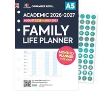 Academic 2026-2027 A5 size Family life planner organiser diary refill insert | August 2026 - July 2027 | Monthly/Weekly | Compatible with Filofax A5 organisers | 148 x 210mm