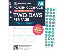 Academic 2026-2027 A5 size Two days per page lined diary refill insert | August 2026 - July 2027 | Monthly/Weekly | Compatible with Filofax A5 organisers | 148 x 210mm