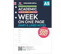 Academic 2026-2027 A5 size week on one page diary & lined notes refill insert | August 2026 - July 2027 | Compatible with Filofax A5 size 6-ring organisers | 148 x 210mm