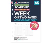 Academic 2026-2027 A5 size week on two pages appointments diary refill insert | August 2026 - July 2027 | Compatible with Filofax A5 size 6-ring organisers | 148 x 210mm