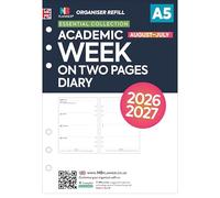 Academic 2026-2027 A5 size week on two pages diary refill insert | August 2026 - July 2027 | Compatible with Filofax A5 size 6-ring organisers | 148 x 210mm