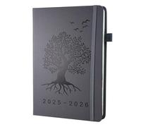 Academic Diary 2025-2026 A5 Day Per Page, 12 Months Diary 2025-2026 From Jul 2025 to Jun 2026, Tree of Life Design,Productivity A5 Daily Planner with Monthly Tabs Pen Loop and Inner Pocket (Grey)