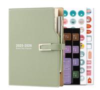 Academic Diary 2025-2026 A5 Day to Page,from Jul 2025-Jun 2026, Schedule Organizer with Calendar Stickers, Agenda Diary Planner with Pen Holder and Pen,Premium Thicker Paper 14 X 21.5 cm (Green)