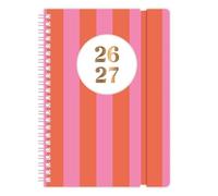 Academic Diary 2026-2027 A5 Day a Page Mid-Year Planner Spiral Bound with Elastic Closure - Student Teacher Organiser Runs July 2026 to August 2027 (Pink & Red Stripes)